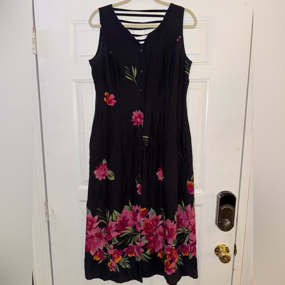 Vintage R&K Originals Floral Black and Pink Sleeveless Dress Size 8 Petite